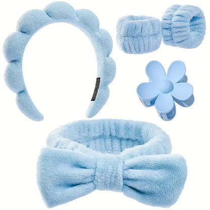 5Pcs Spa Headband & Skincare Headbands Large Flower Hair Claw Clips Wash Face Wristband Set Women Girls Makeup Hair Accessories