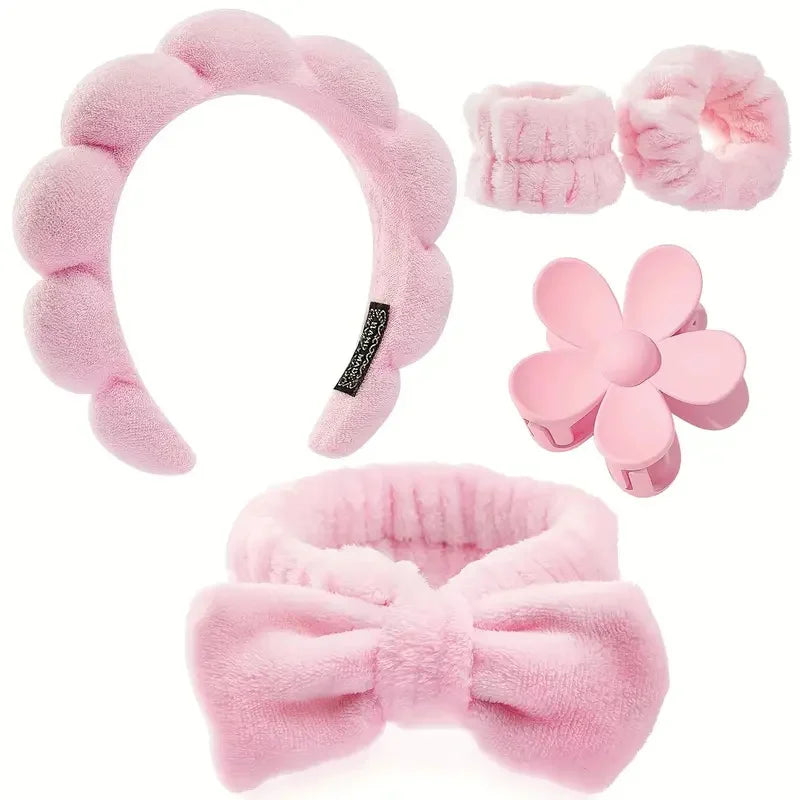 5Pcs Spa Headband & Skincare Headbands Large Flower Hair Claw Clips Wash Face Wristband Set Women Girls Makeup Hair Accessories