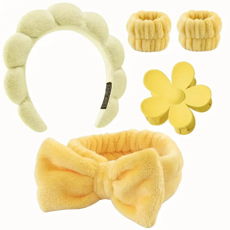 5Pcs Spa Headband & Skincare Headbands Large Flower Hair Claw Clips Wash Face Wristband Set Women Girls Makeup Hair Accessories
