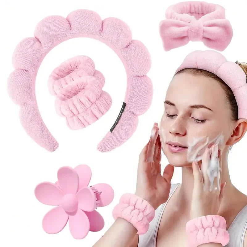 5Pcs Spa Headband & Skincare Headbands Large Flower Hair Claw Clips Wash Face Wristband Set Women Girls Makeup Hair Accessories