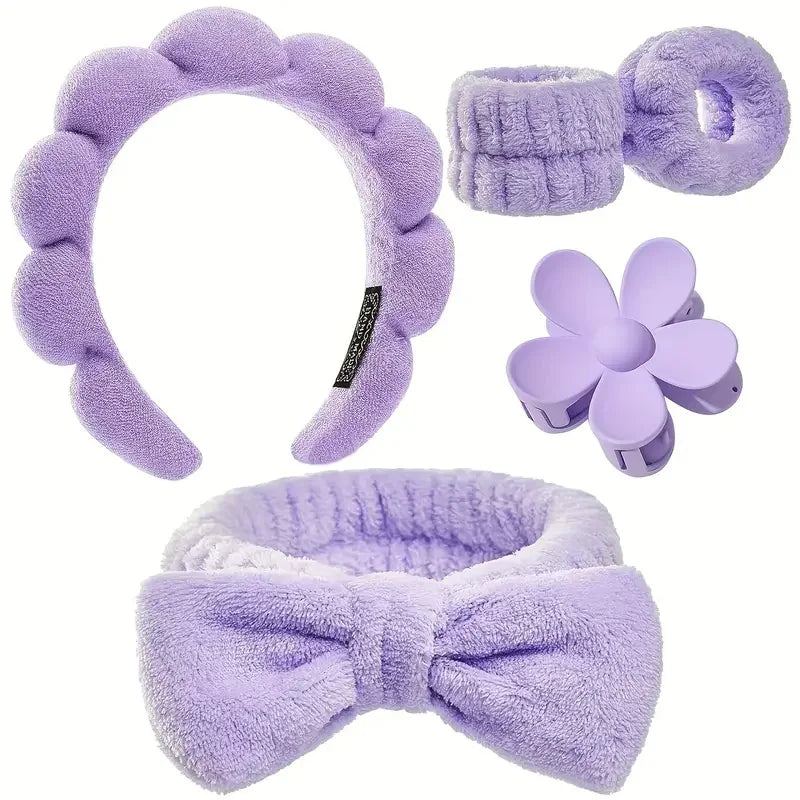 5Pcs Spa Headband & Skincare Headbands Large Flower Hair Claw Clips Wash Face Wristband Set Women Girls Makeup Hair Accessories